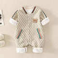 Unisex baby spring/autumn fashionable bear print double-layer romper - stylish outfit, cute crawling suit