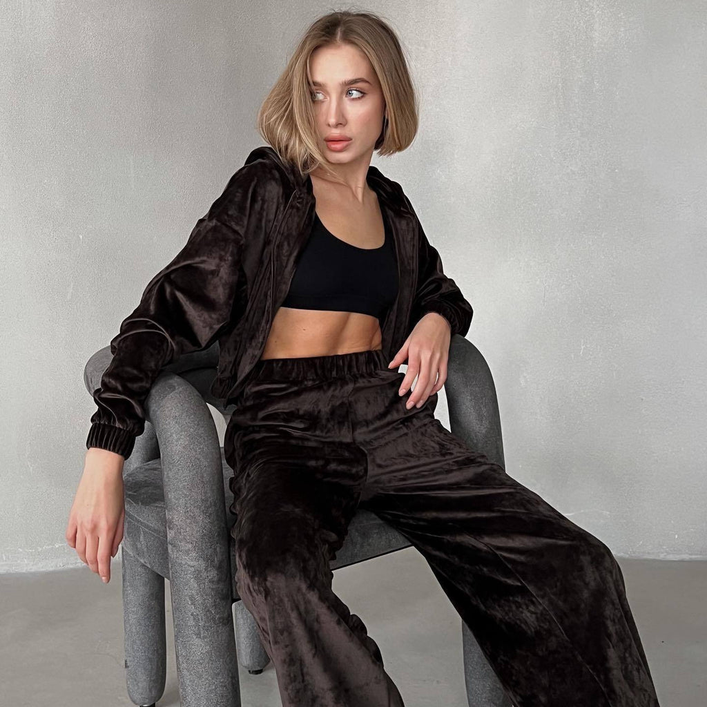 Cross-border independent station velvet hooded cardigan trousers women's two-piece set long-sleeved jacket pendant straight mopping trousers set