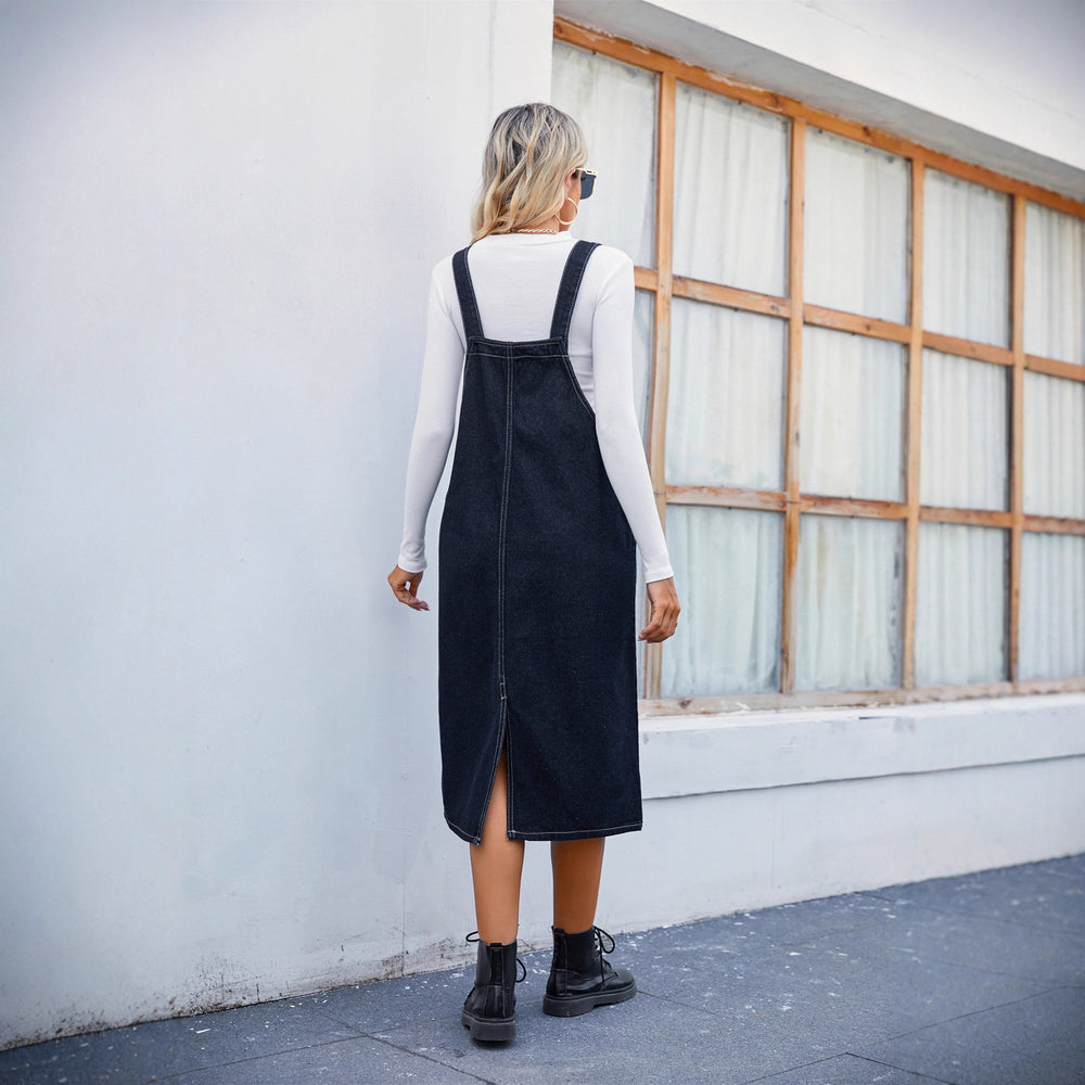 Us station fashion cross-border export   new arrivalstylish denim strap dress  mid-length skirt