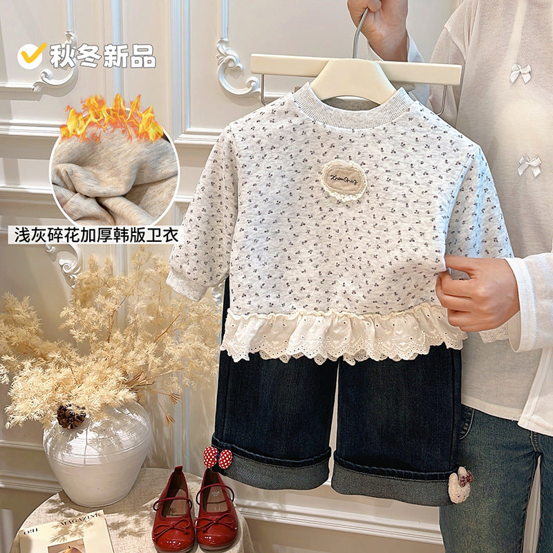 Girls' fall/winter new collection: fleece-lined base layer top, baby girl's early autumn outerwear sweatshirt, kids' autumn top, trendy children's clothing