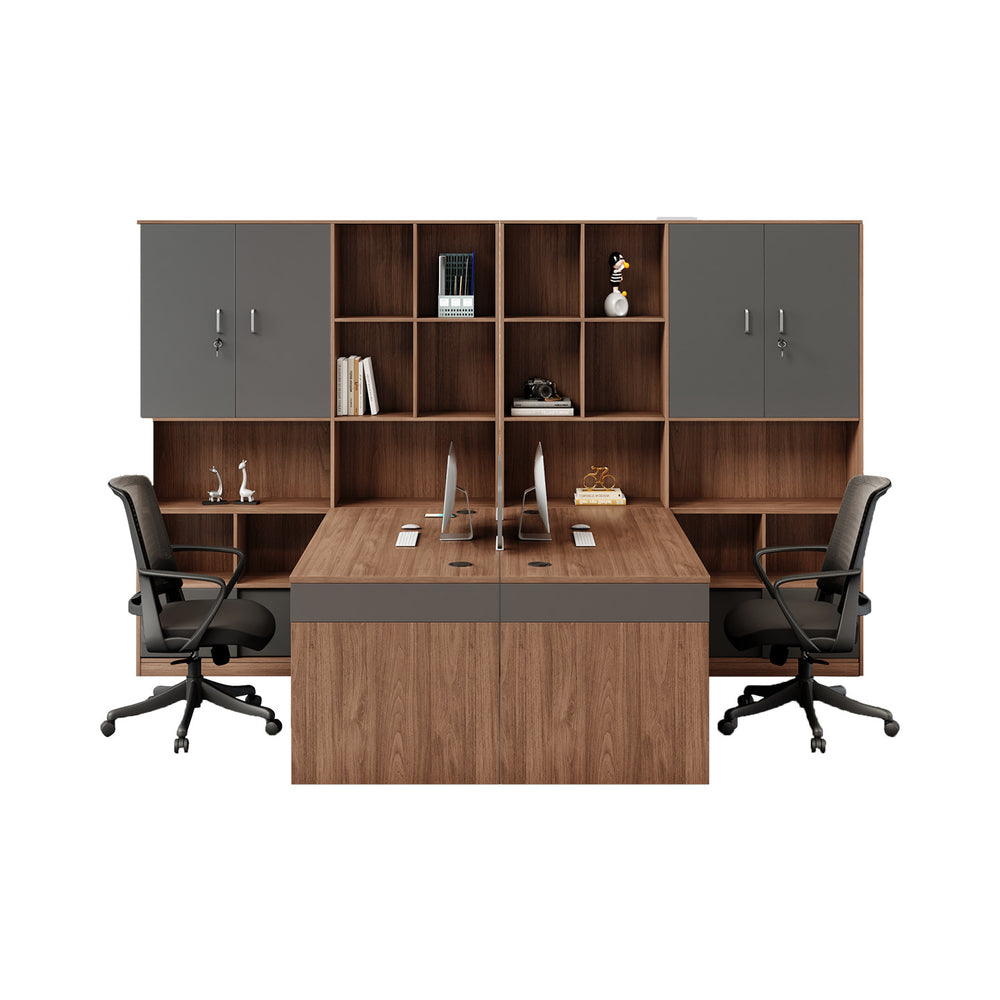 Financial office desk set - executive office desk with high cabinet, two-seat facing configuration for accountants and managers