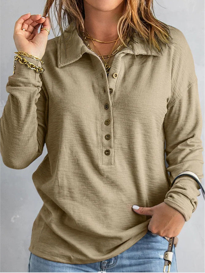 Amazon cross-border pure colorknitting shirt women's single-breasted lapel long sleevesloosecasual bottomtopsfall and winternew arrival