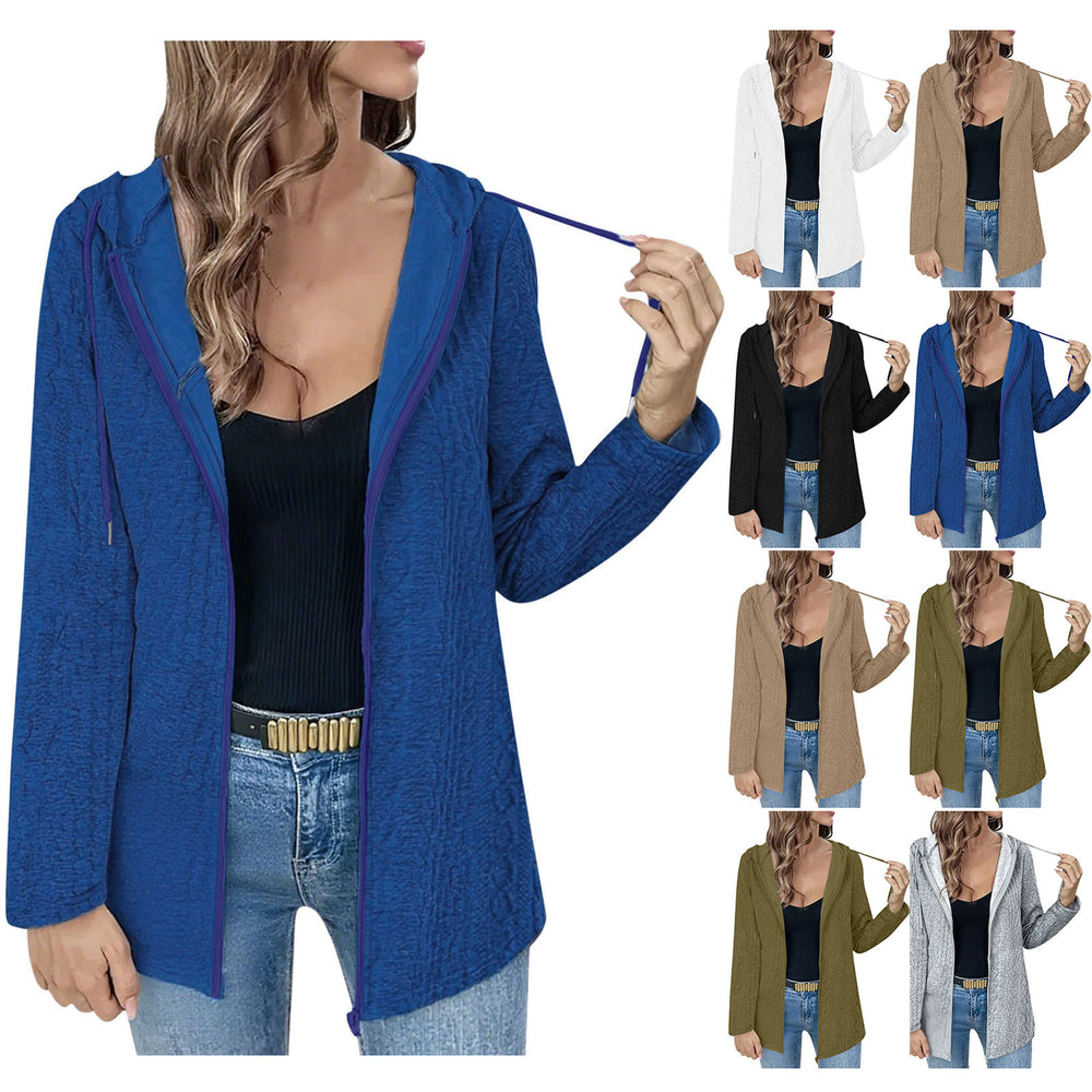 fashion cross-border women's spring fall and winterloose zipper long sleeves hooded tops casual cardiganoutwear