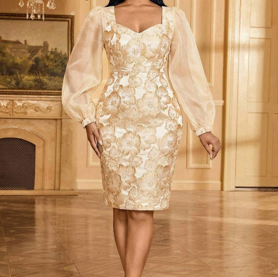 Women's printed midi dress featuring organza lantern sleeves, perfect for an elegant evening gown
