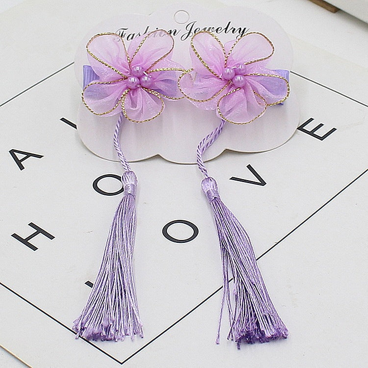 Hair accessories, hairpins, kids, girls, han dynasty accessories, gold edge tassels, costumes, ribbons, chinese style, antique style, pink