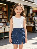 new summer cross-border ruffle trim crew neck top & heavy-duty denim beaded skort set (two-piece)