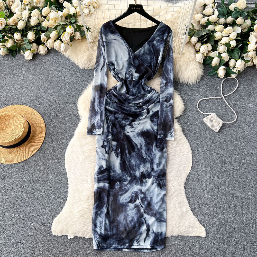 Frenchclassy long sleevesv neck tie dye printing mesh dress women's autum thin tight slimming look hip skirt
