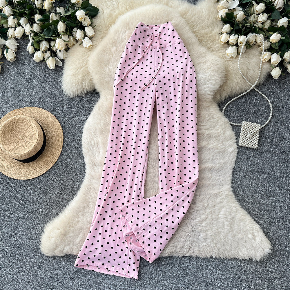 K-stylehigh waist polka dot lazy feeling strappystraight-leg pants for women  spring summer lazy styleslimming lookelegantcasual pants
