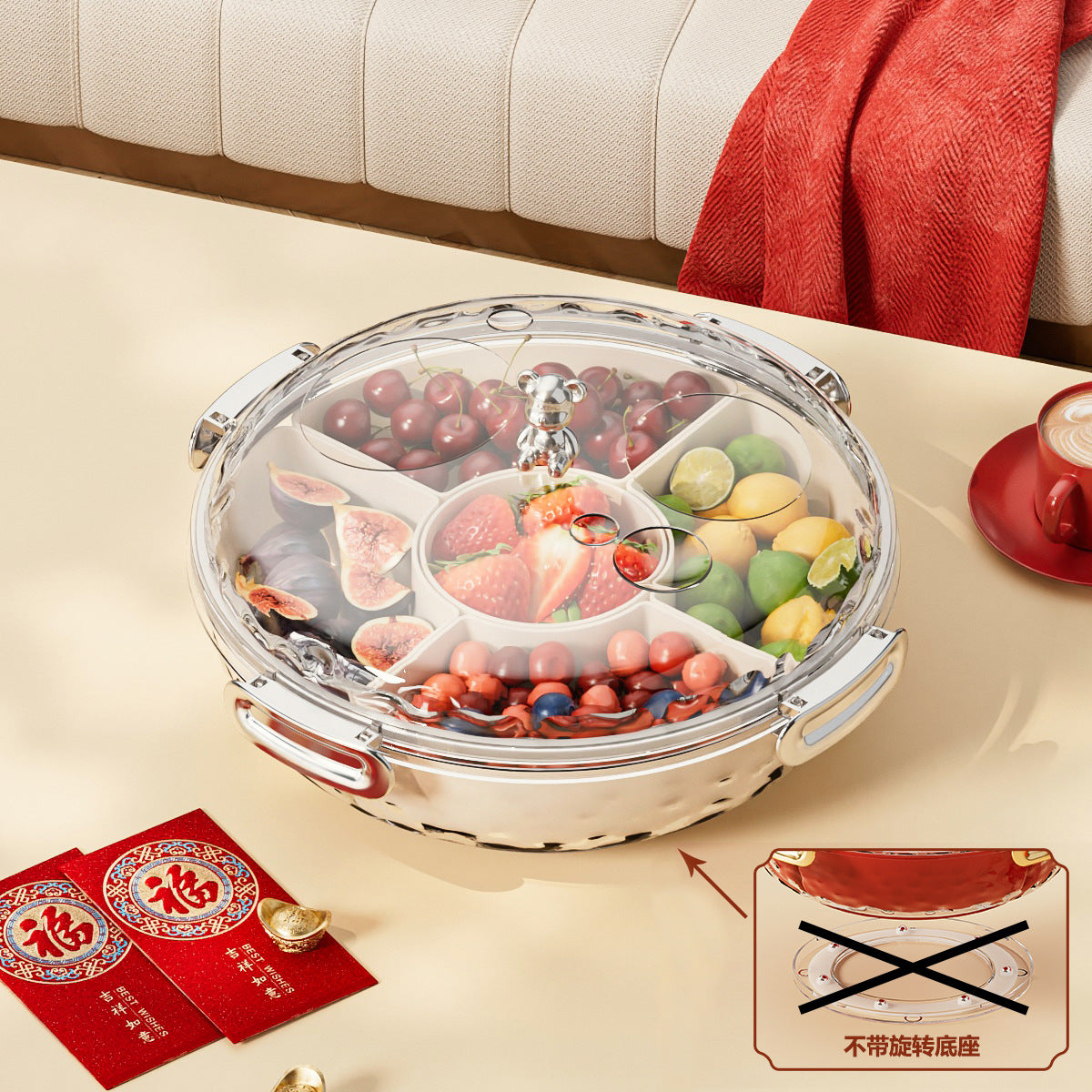 New candy tray with lid household living room coffee table rotating candy box snack fruit tray divided dried fruit storage box