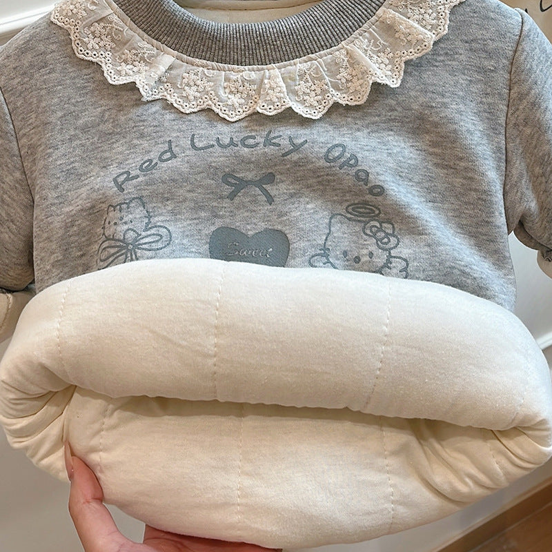 Fall and wintergirlstrendy three-layer quilted thickened cotton coat baby girl sweatshirtlong sleevestopskids clothes children's clothing