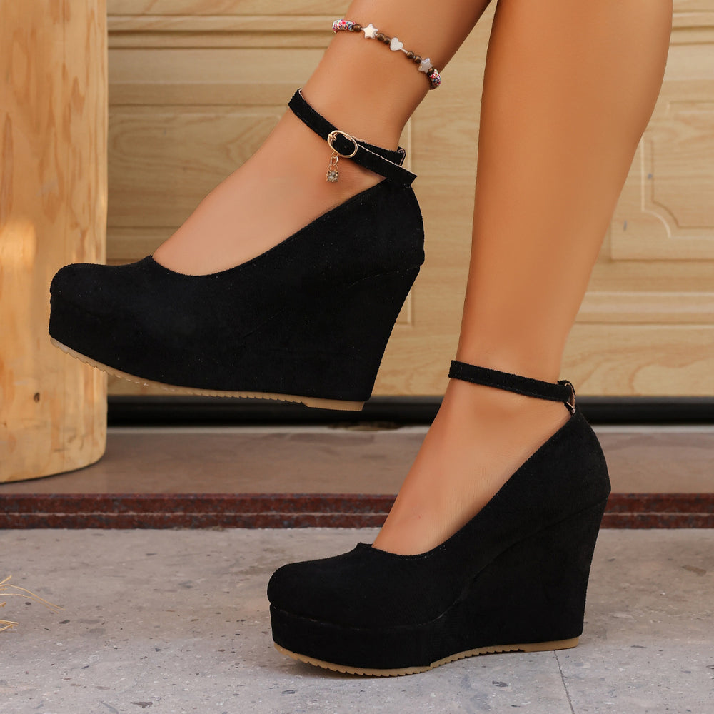 Exportplus sizespring & fallnew arrival wedge flats women's waterproof platform fashion round toe super high heel one-word buckle flatsflats