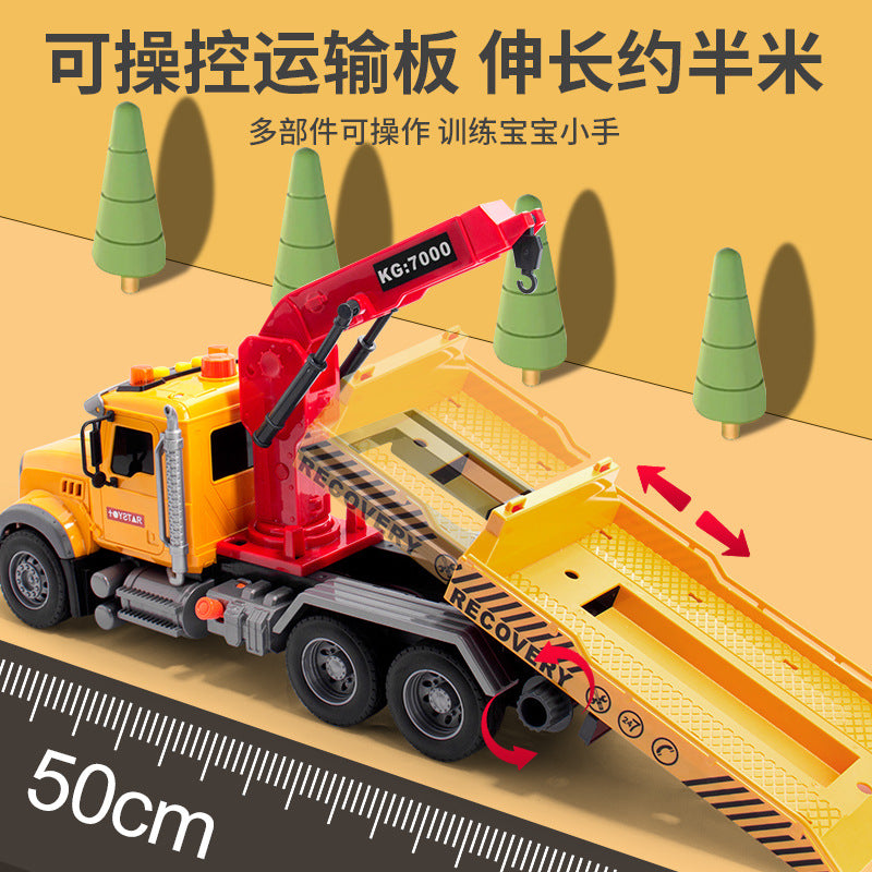 Boys' trailer toy crane - kids' car crane flatbed tow truck - engineering transport rescue vehicle with lights and sounds