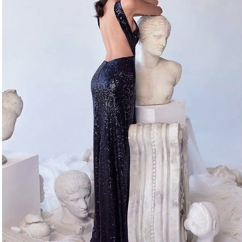 2025 spring cross-border sexy party sequin irregular elegant evening gown women's european and american amazon halter dress