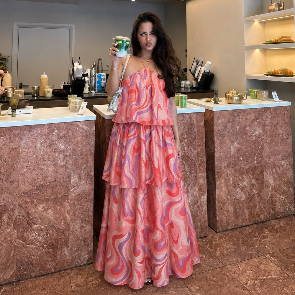 European and american cross-border women's fashion:  summer new arrival - stylish and elegant halter neck printed loose long slip dress