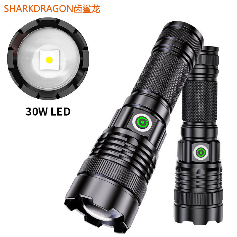 Cross-border new product 30W LED white laser flashlight USB charging outdoor zoom stepless dimming strong light flashlight