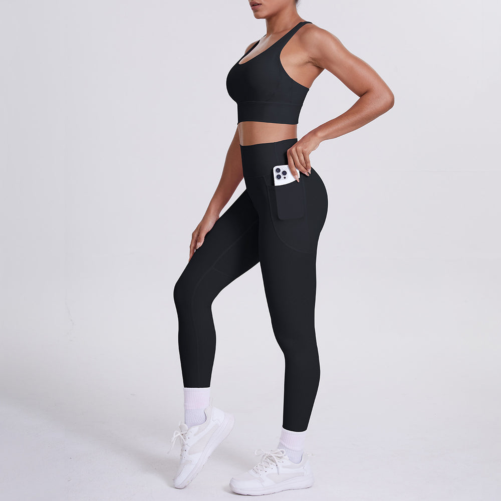 New arrival cross beautiful back cloud sense tight yoga suit suit women's high waist hip pocket sports fitness suit two-piece set