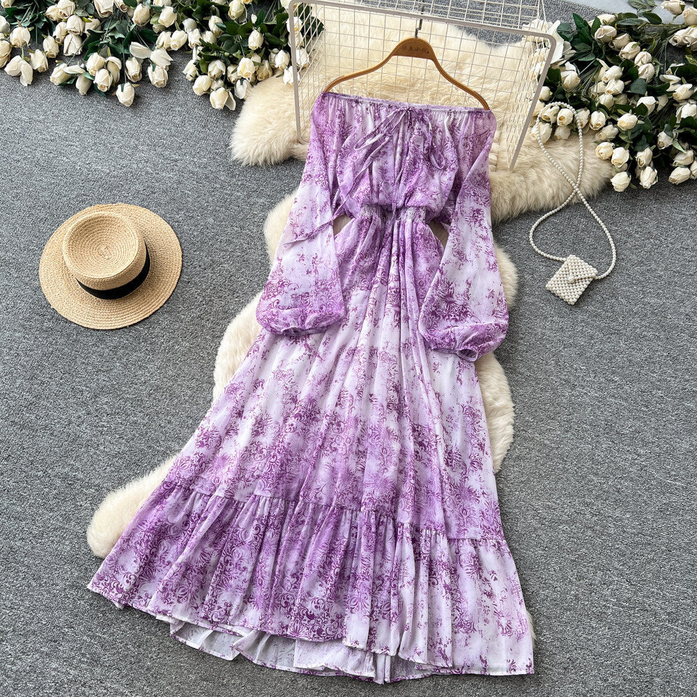 French chic tie-waist floral print dress - women's elegant one-shoulder long sleeve maxi dress