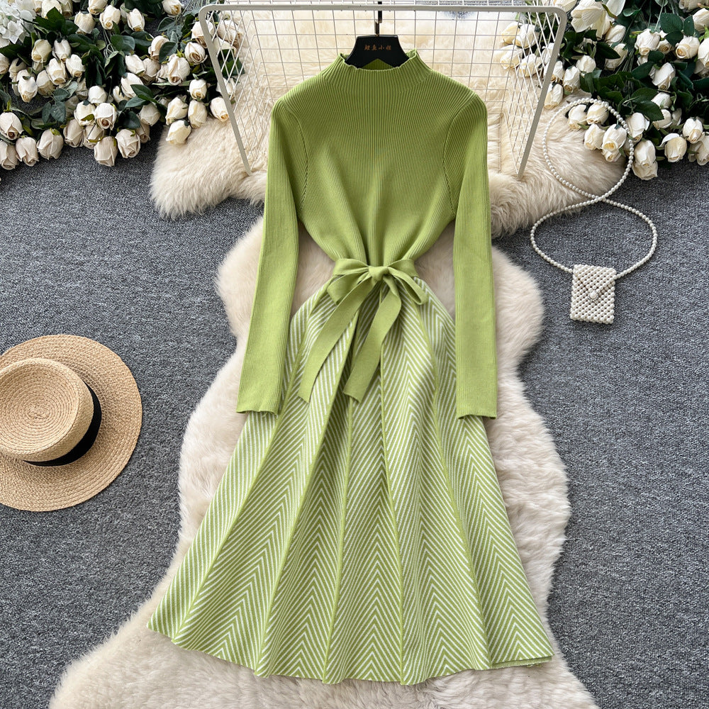 Xiaoxiangfengclassy contrast colorbows strappy long sleevesdress women's metal buckle waist slimming lookknitting short skirt