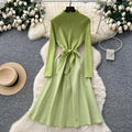 Xiaoxiangfengclassy contrast colorbows strappy long sleevesdress women's metal buckle waist slimming lookknitting short skirt