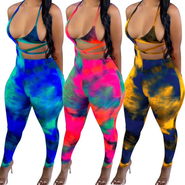 S390150 European and American women's clothing summer sexy hollow strap bikini printed pencil pants set, nightclub wear