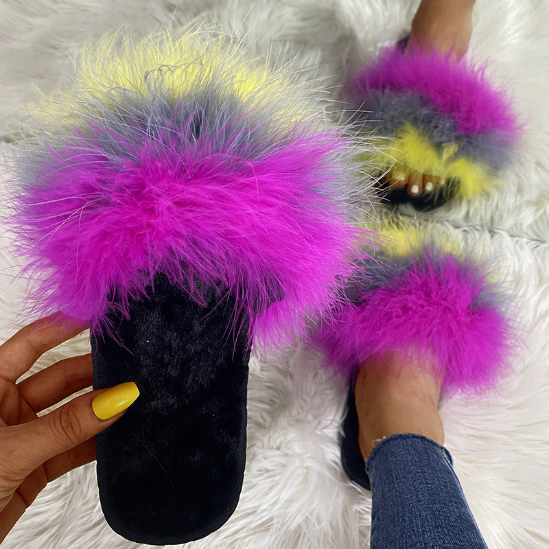 Women's faux fur slippers - european & american style, fashionable home slippers, real fur flat bottom ostrich feather slides, warm cotton slippers