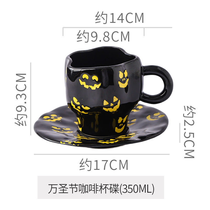 Creative halloween-themed ceramic cup and saucer set, featuring an irregular design with pumpkin and bat motifs. perfect for coffee or tea
