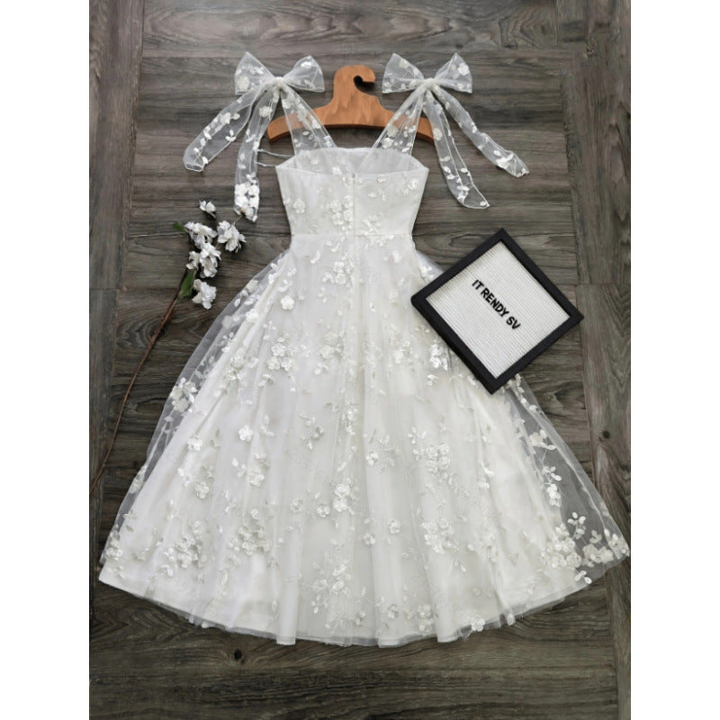 European and american cross-border women's summer elegant romantic mesh embroidered fabric tie-waist a-line midi dress