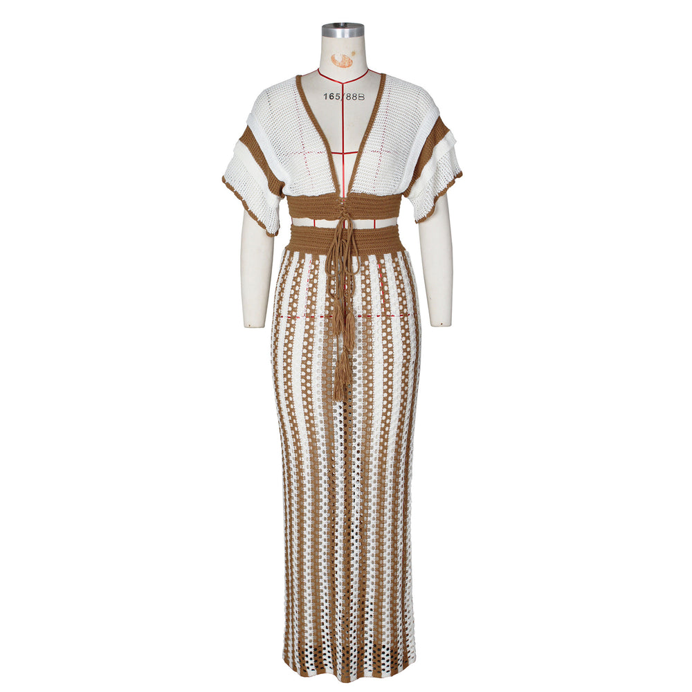 Amazon source goods: new summer european and american style women's sexy v-neck hollow-out striped knitted maxi dress set