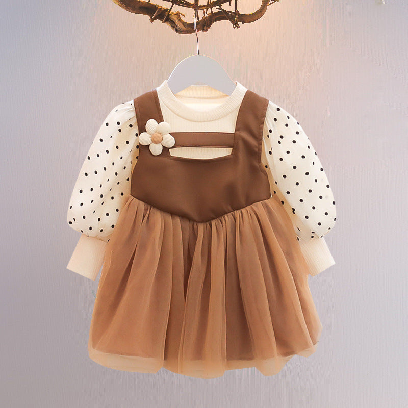 Korean style girls' dress spring  children's fashionable fake two-piece polka dot tulle skirt princess dress for baby girls