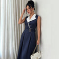 cross-border fashion women's work dress - navy pinstripe v-neck blouse dress with belted waist for a slimming silhouette