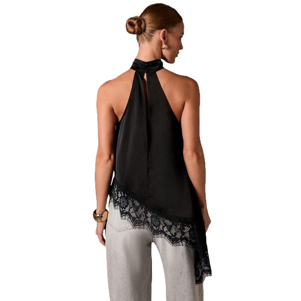 European and american summer new satin patchwork lace tank top halter sleeveless mandarin collar new off-the-shoulder irregular top