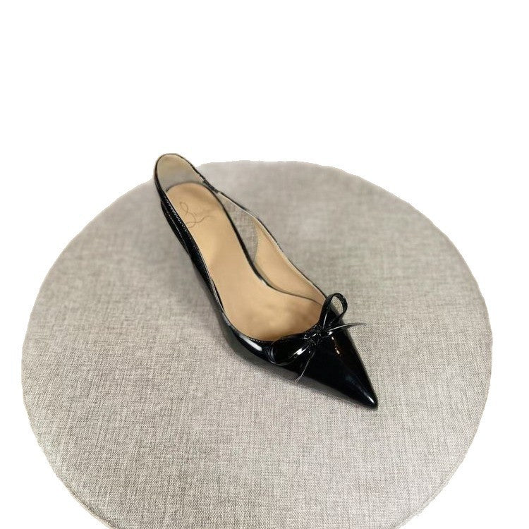 Bow-tie patent leather toe sandals for women, stunning and elegant french-style single shoes, stiletto heels, pointed toe, low-cut nude high heels