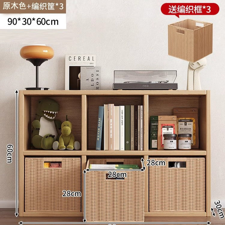 Solid wood bookshelf shelf floor-to-wall combination lattice cabinet living room kindergarten storage low household bookcase