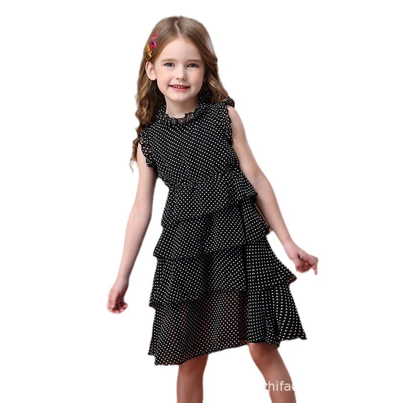 Girls' polka dot black ruffle dress, kids' sundress, ages 3-12, korean style summer new arrival