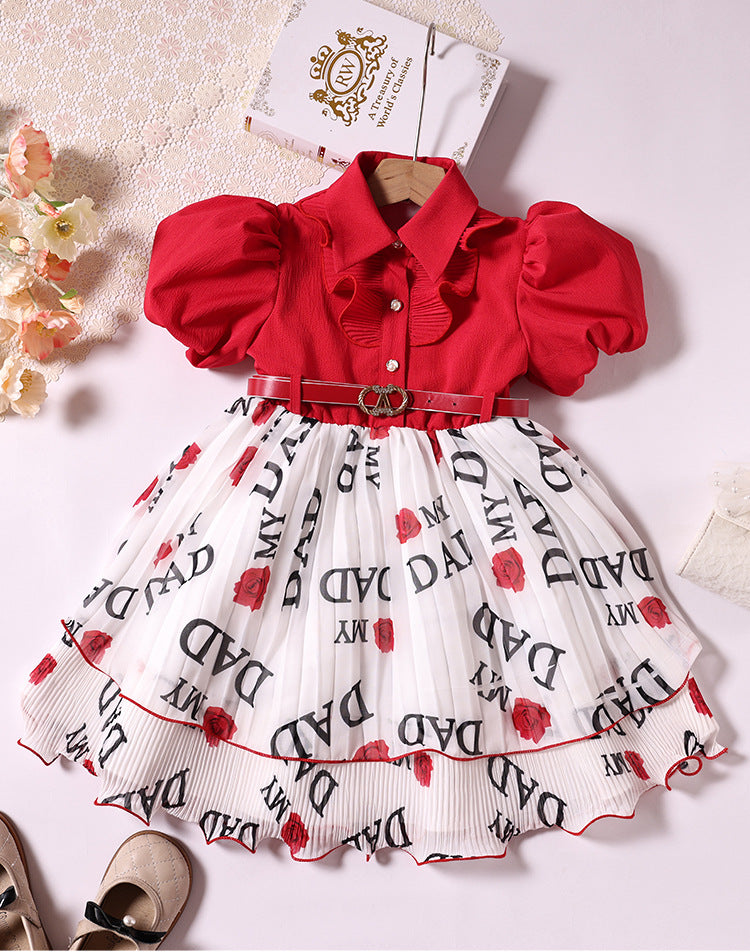 Girls' printed princess dress - red, stylish baby outfit, foreign trade chiffon, little girl's clothing, children's skirt, cross-border e-commerce