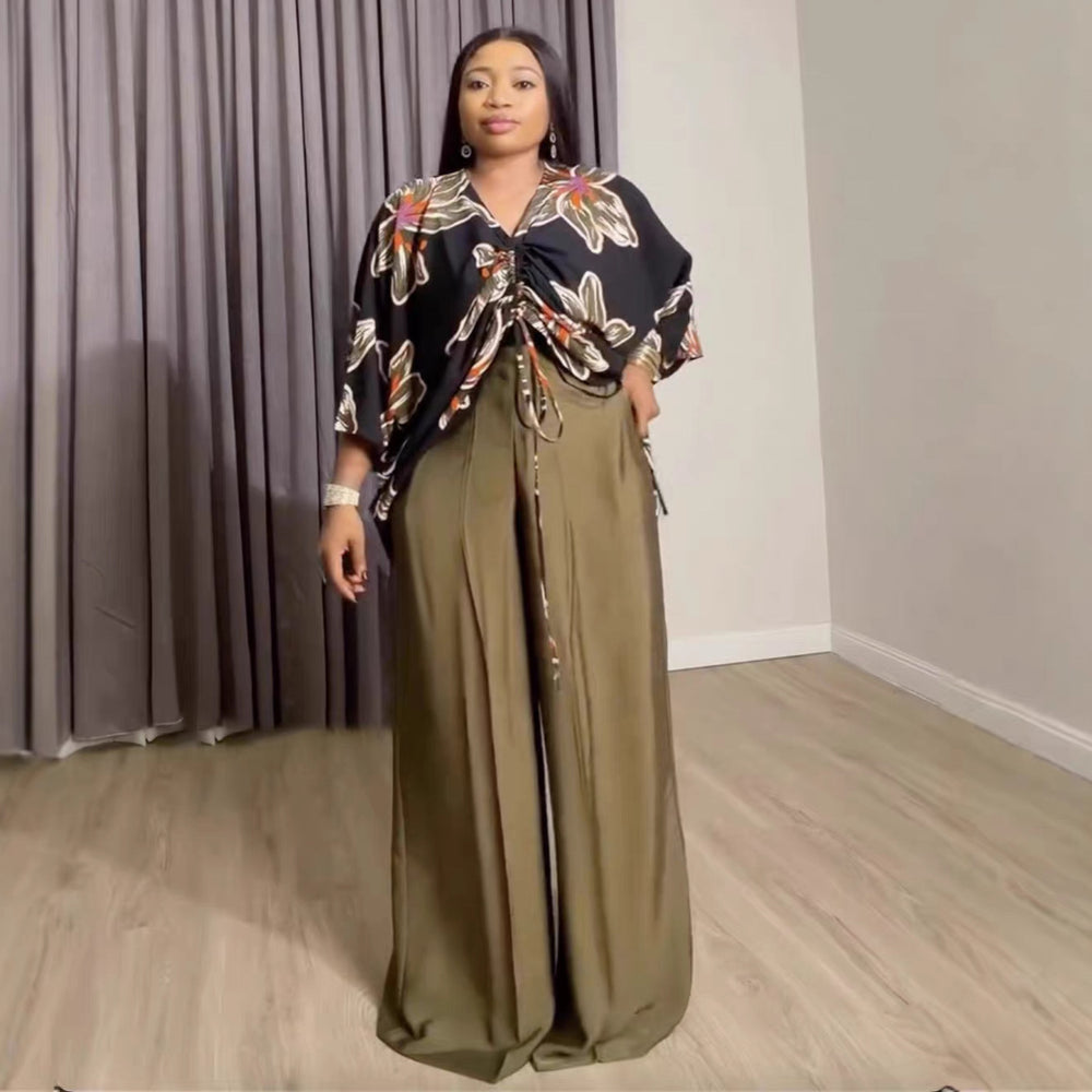 European and american cross-border women's clothing  summer new collection: casual plus size printed drawstring top and wide-leg pants set