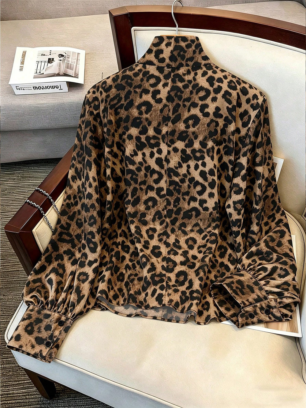 Luxury leopard print blouse with tie-waist, stand collar, and lantern sleeves - elegant workwear for women, 1688 source