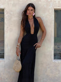 Amazon cross-border women's fashion:  autumn new arrival - elegant halter neck deep v-neck patchwork waist-defining backless dress