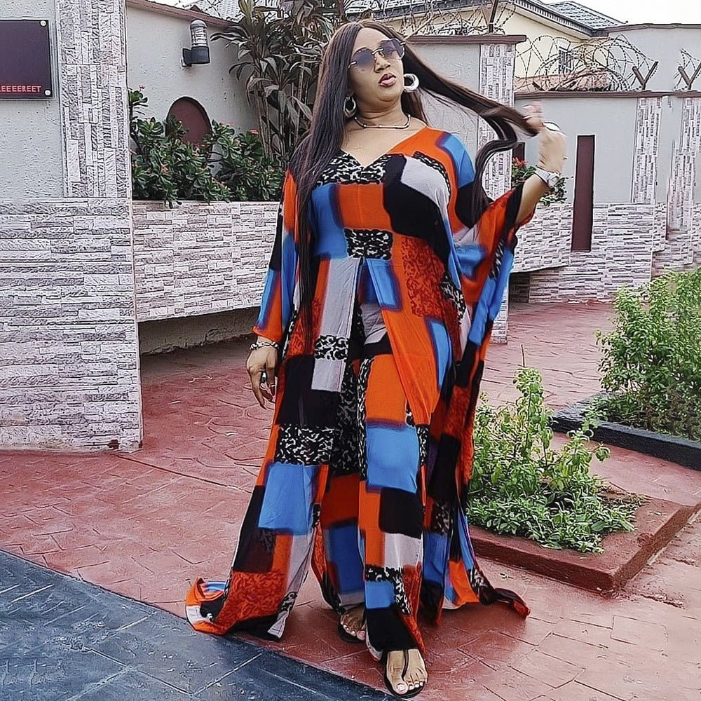 European and american  sun protection patchwork plaid wide-leg pants long trousers african women's plus size robe two-piece set