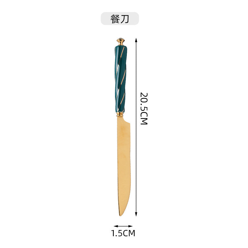 Amazon stainless steel cutlery set - creative ceramic stainless steel coffee spoon, fruit fork, dark green knife, fork, and spoon