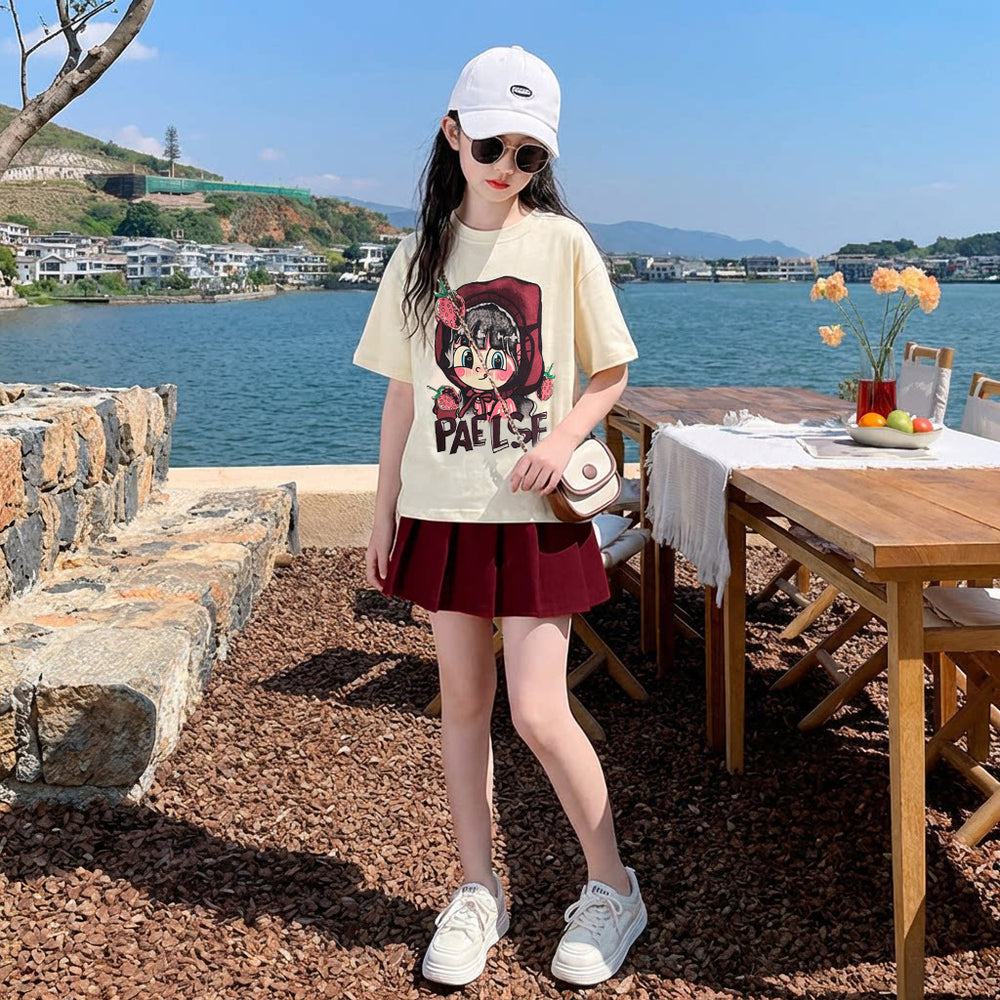 Girls' summer outfit  new style: trendy and cool summer clothes for mid-to-large children - strawberry girl t-shirt and skirt pants two-piece set