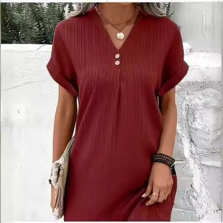 Cross-border European and American women's clothing 2025 new  V-neck solid color pullover comfortable and casual button dress
