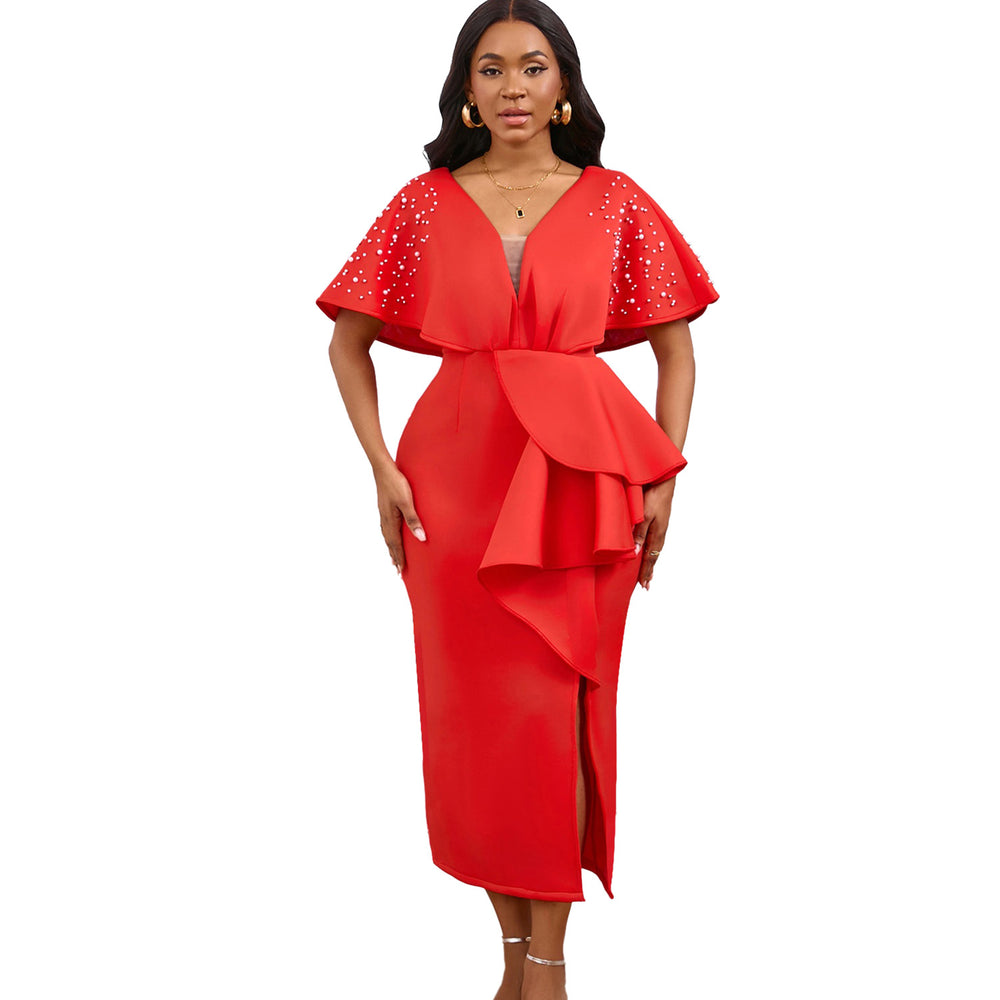 D516  summer sexy v-neck ruffle slit beaded evening gown - elegant socialite style banquet dress
