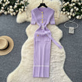 Xiaoxiangfengclassy fashionable metal buckle silm short-sleeved dress women's summer strap waist frenchknitting skirt
