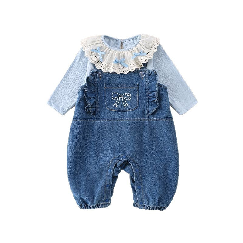Autumn denim overalls new arrival one-piece girlsuit baby style overalls k-styletwo-piece setautumsuit