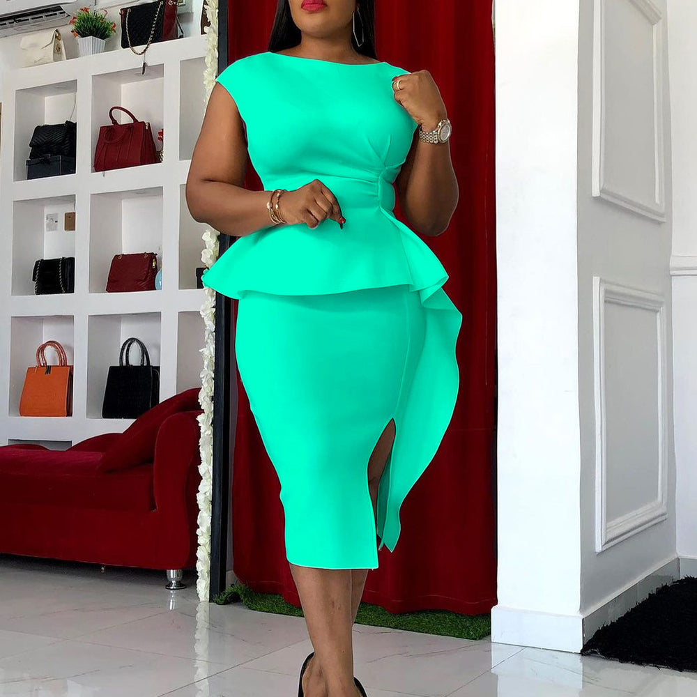Q052   summer new solid color bodycon ruffle pleated plus size european and american style dress