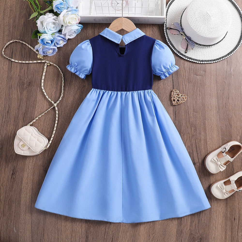 Girls' summer dress  new style: trendy two-piece look, overalls dress with puff sleeves for girls