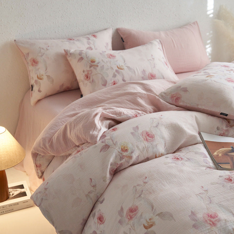 Spring new product Class A cotton three-layer yarn four-piece quilt cover bed sheet pastoral pure cotton dormitory three-piece bedding