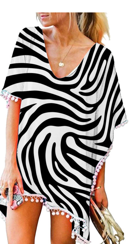 fashionnew arrivalprinting tassel small white ball chiffon beach skirt blouse ready-made trendy brand