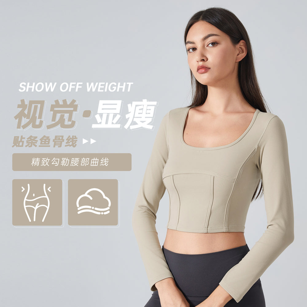 Fall and winternew arrival sports tops women's professional training running fitness long sleevesshortslimming look yoga clothes daw194